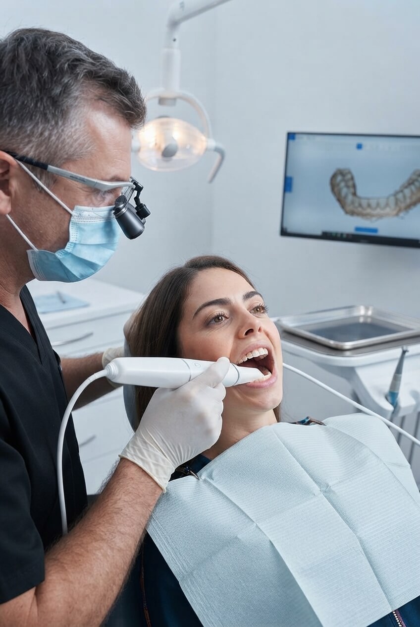 Chirurgien-dentiste réalisant une empreinte optique avec un scanner intra‑oral sur une patiente